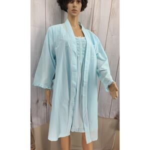 Miss Elaine's Nightgown Robe Set Women XL Lt Blue/White Cotton Blend Knee Length